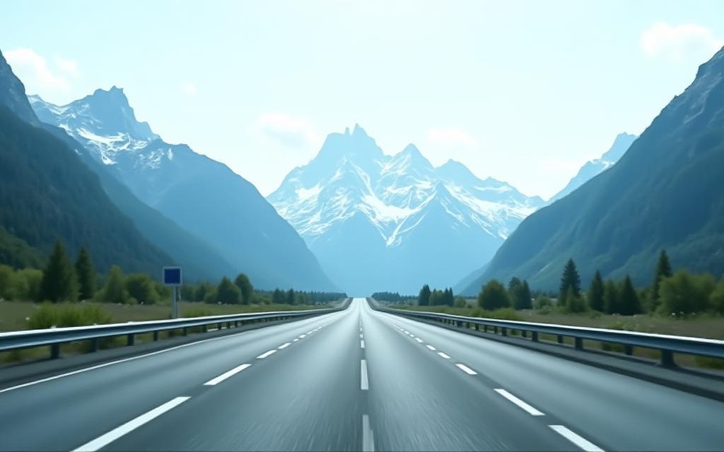 Scenic view of a Swiss highway with majestic mountains in the background, symbolizing smooth travel.